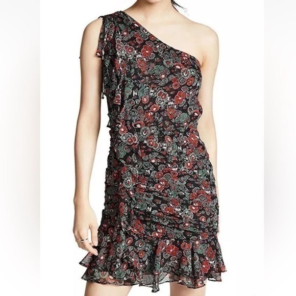 Veronica Beard Dresses & Skirts - Veronica Beard Ballard‎ Silk One Shoulder Floral Ruffle Dress Black Red Size 8